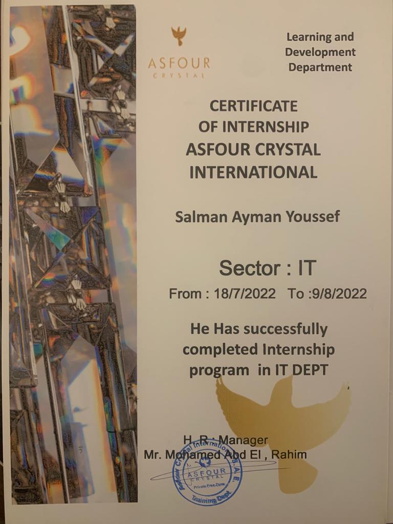 Original Asfour Crystal International internship certificate
