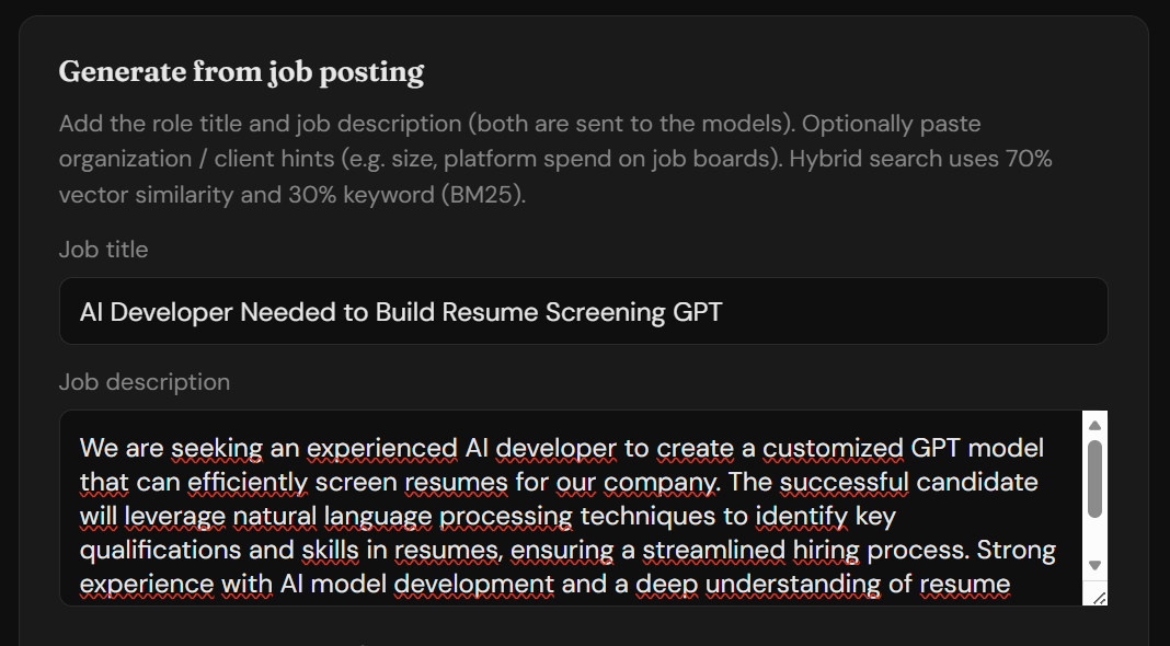 Job-specific generation request · Optional account hints omitted