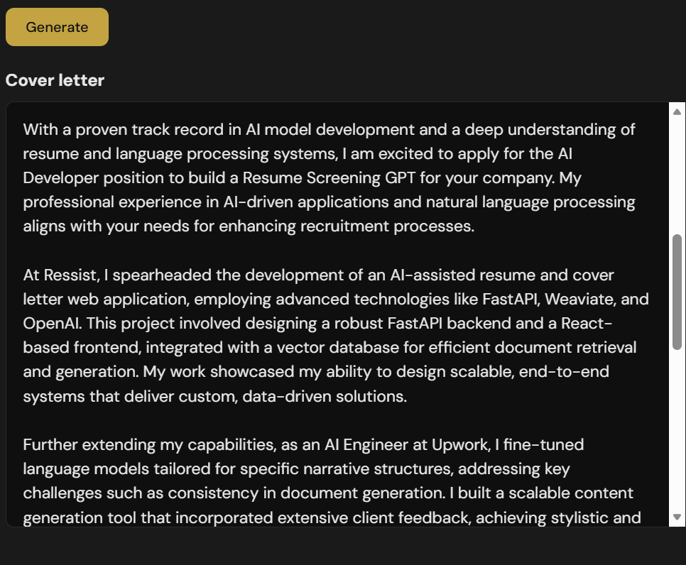 Example generated cover letter